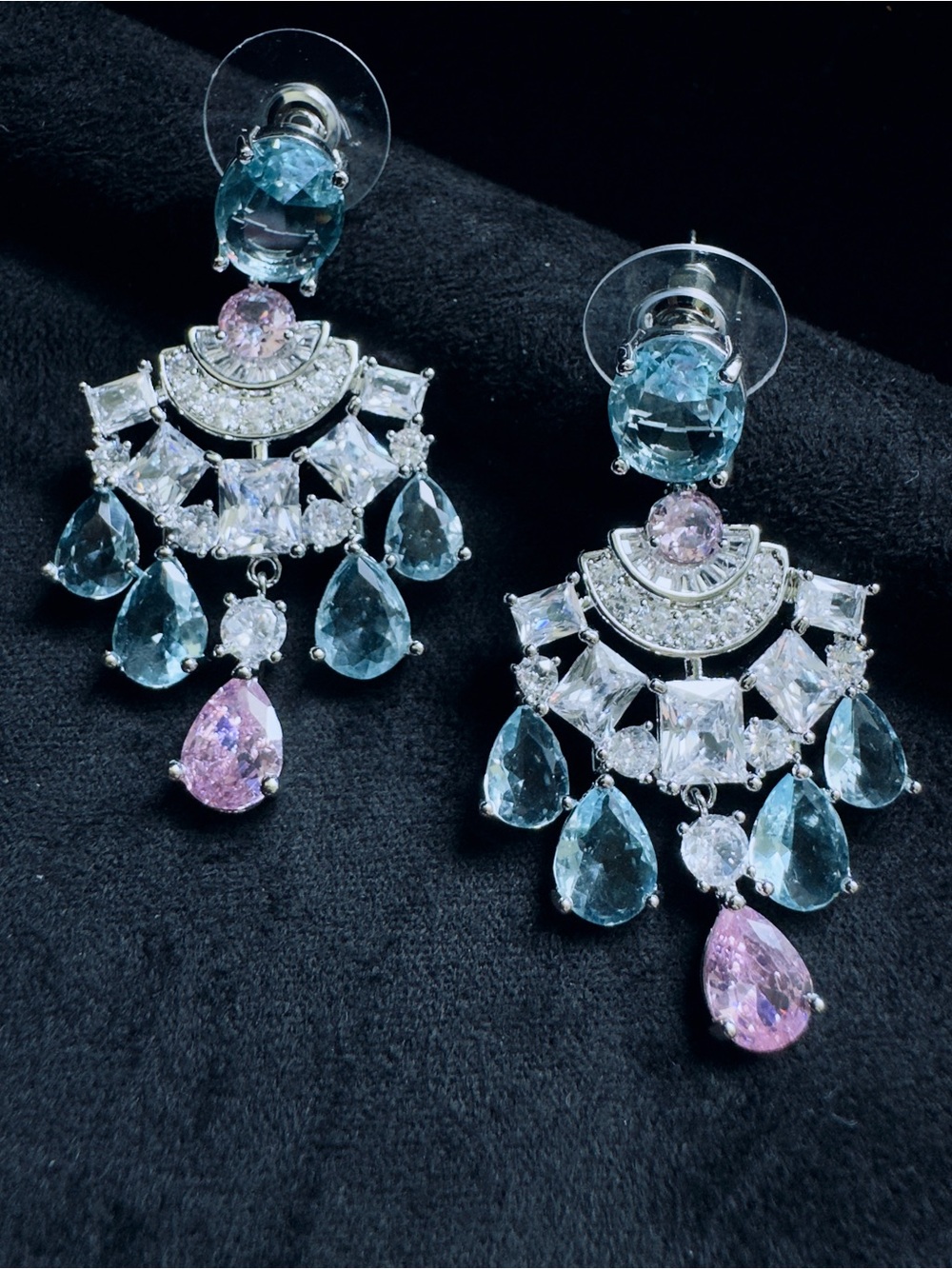 Delicate Blue & Pink CZ Crystal Chandelier Earrings